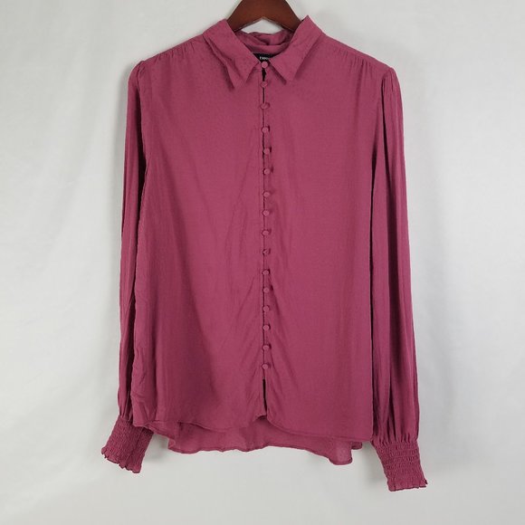 Express Shirt Womens Large Top New Smocked Cuff Long Sleeve Button Up Blouse - Picture 1 of 11